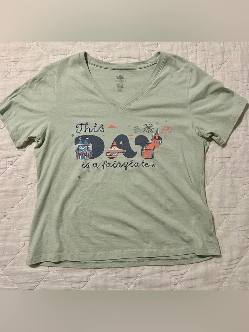 Mint Green 'This Day is a Fairytale' V-Neck Disney Women’s Graphic Tee Medium